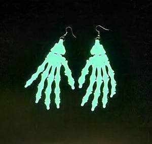 Glow-in-the-Dark Green Skeleton Hand Chandelier Earings